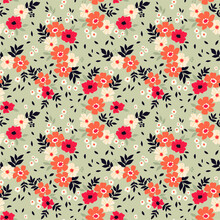 Floral Pattern. Pretty Flowers On Gray Blue Background. Printing With Small Red, Coral And White Flowers. Ditsy Print. Seamless Vector Texture. Spring Bouquet.