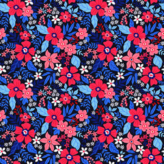 Trendy seamless vector floral pattern. Endless print made of small colorful flowers, leaves and berries. Summer and spring motifs. Vector illustration.