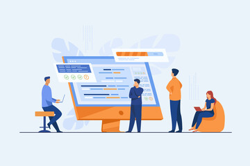 Wall Mural - Software developers coding on computer with script. Coding, engineering, interface design flat vector illustration. Programming concept for banner, website design or landing web page