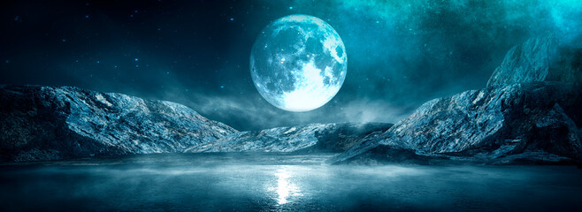 Wall Mural - modern futuristic fantasy night landscape with abstract islands and night sky with space galaxies. m