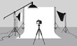 Flat Illustration Photography studio. Vector background with soft box light, camera, tripod and backdrop.