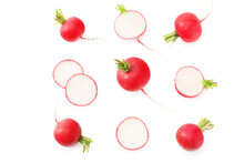 Fresh Radish With Slices Isolated On White Background. Top View