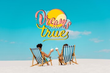 Canvas Print - back view of young couple sitting in deck chairs with coconut drinks on sandy beach, dreams come true illustration