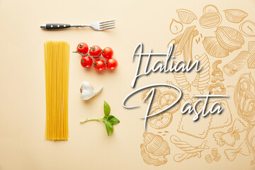 flat lay with delicious spaghetti with tomato sauce ingredients on yellow background with Italian pasta illustration