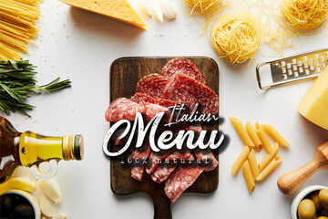 Wall Mural - Top view of meat platter, pasta, bottle of olive oil, grater and ingredients on white background, italian menu illustration