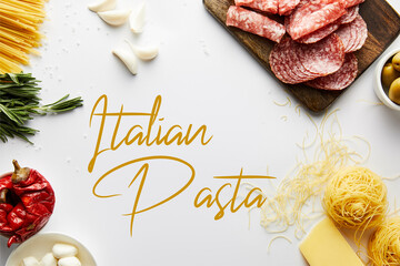 Wall Mural - Top view of meat platter, pasta and ingredients on white background, italian pasta illustration