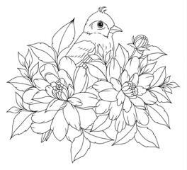 Wall Mural - Illustration. Bird among the flowers of peony. Tattoo. Coloring book. Antistress for adults and children. Black and white. 