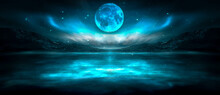 Modern Futuristic Fantasy Night Landscape With Abstract Islands And Night Sky With Space Galaxies. Multicolor Neon Glow. Reflection Of Light In Water, Stars. Empty Scene, Landscape.