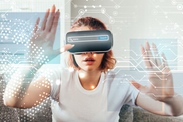 Wall Mural - emotional girl gesturing and using virtual reality headset with signs at home on quarantine with search bar