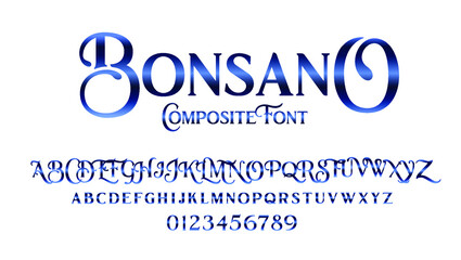 vector composite font Bonsano. elegant serif alphabet set. lowercase and uppercase letters as well as numbering from 0-9. Great for a luxury party and expensive advertising. Composite Font