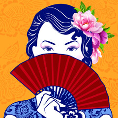 Vector of Retro Chinese Lady holding a fan on yellow chinese pattern background.