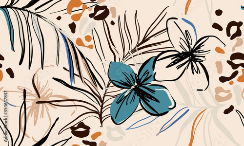 Hand drawn abstract jungle pattern with leopard print. Creative collage conte...
