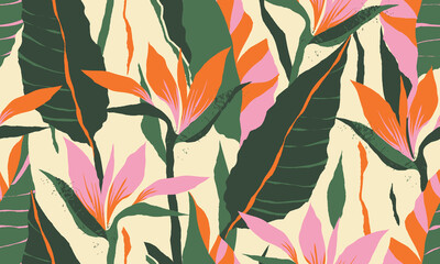 Wall Mural - Jungle plants illustration pattern. Creative collage contemporary floral seamless pattern. Fashionable template for design.