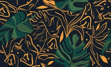 Modern Exotic Jungle Plants Illustration Pattern. Contemporary Floral Seamless Pattern. Fashionable Template For Design.