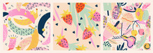 Bright Colorful Summer Patterns. Trendy Abstract Fruit Illustrations. Creative Collage Seamless Patterns.