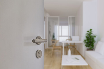 Wall Mural - Door handle , door open in front of blur interior room background, selective focus