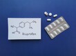 Structural chemical formula of ibuprofen molecule with ibuprofen tablets. Ibuprofen is a medication in the nonsteroidal anti-inflammatory drug (NSAID) class that is used for treating pain and fever.