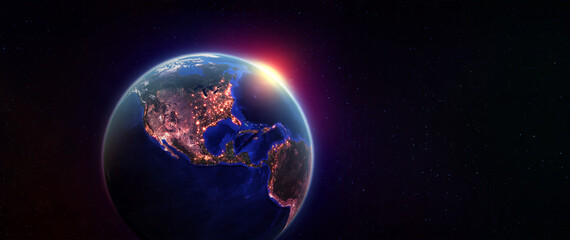 Wall Mural - Planet earth in outer space. Night over American continents. Light of night cities in world. Elements of this image furnished by NASA
