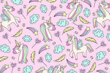 Unicorn and Magic Doodles. Cute unicorn and pony collection with magic items. Hand drawn line style. Vector doodles illustrations.