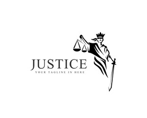 Women blindfolded take scale and sword lawyer logo design inspiration