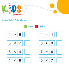 True or false math worksheet. Comparing numbers worksheet. Easy worksheet, for children in preschool, elementary and middle school.