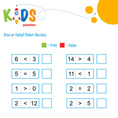 Wall Mural - True or false math worksheet. Comparing numbers worksheet. Easy worksheet, for children in preschool, elementary and middle school.