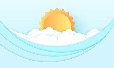 Wall Mural - seascape, cloudy sky with bright sun and sea, ocean waves, paper art style