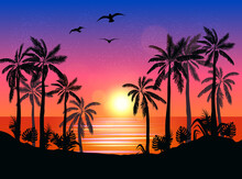 Summer Beach Night Palm Silhouettes On Summer Sunset With Beautiful Night Sky Background. Tropical Sunset, Summer Paradise. Vector Illustration.