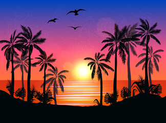 Summer beach night palm silhouettes on summer sunset with beautiful night sky background. Tropical sunset, summer paradise. Vector illustration.