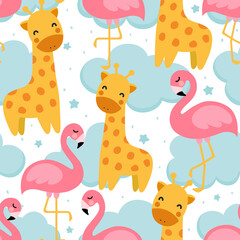 Wall Mural - Flamingo and Giraffe Cute Seamless Pattern, Animal Summer Wallpaper Background, Cartoon Vector illustration