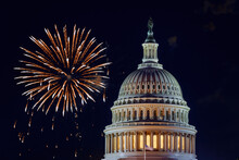 Mysterious Night Sky With Full Moon United States Capitol Building In Washington DC With Fireworks Background For 4th Of July