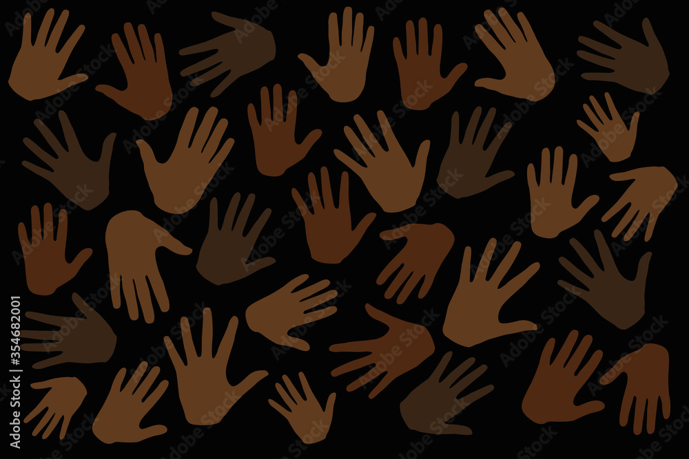 Many hands on dark background, stop racism. Black lives matter. Interracial community unity. Protests against racism in America. Modern vector in flat style. New movement on the rise. - obrazy, fototapety, plakaty 