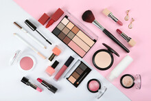 Professional Makeup Tools. Makeup Products On Plain Background Top View. A Set Of Various Items For Makeup.