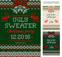 Wall Mural - Ugly Sweater Christmas Party cards. Knitted pattern. Scandinavian style deers