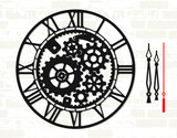 Wall clock template with mechanical moving gear skeleton. Digital cut home decor. Laser metal wood cutting. Steampunk stencil. Simple clock face with numerals and arrow. Vector watch. Silhouette dial 