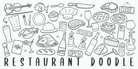 Wall Mural - Restaurant Doodle Line Art Illustration. Hand Drawn Vector Clip Art. Banner Set Logos.
