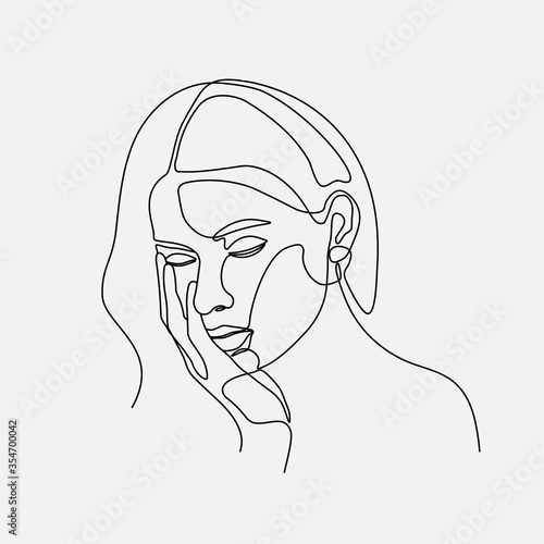 Woman head vector lineart illustration. One Line style drawing.