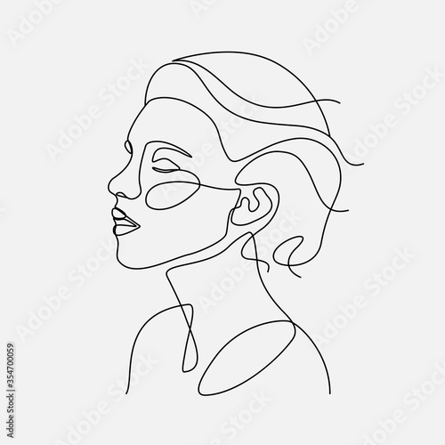 Woman head vector lineart illustration. One Line style drawing.