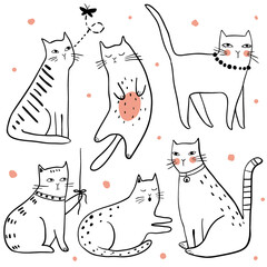 Wall Mural - Cute funny cats vector set. Pet vector illustration. Collection of cartoon doodle outline animals. Character kittens