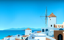 Santorini Island. Greece Landscape. Od Town In Spring Or Summer. Sea, Mountains, Windmill And Houses. Vector Illustration