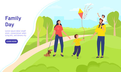 family day in park illustration concept with full family of mother, father and two children playing 