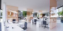 Spacious Light And Lighted Office With Work Desks And Glass Partitions Between.