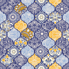 Azulejos tiles patchwork. Hand drawn seamless abstract pattern. Islam, Arabic, Indian, Ottoman motifs. Majolica pottery tile, blue, yellow azulejo. Original traditional Portuguese and Spain decor