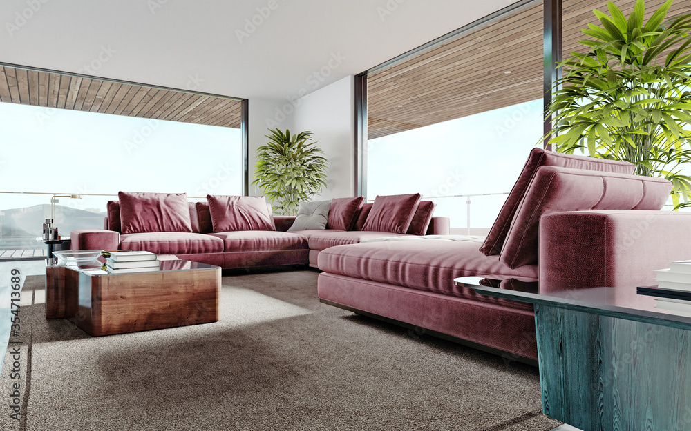 Living room with a large pink sofa and a TV unit with shelves and decor. Living room studio with kitchen and living area. Large panoramic windows. - obrazy, fototapety, plakaty 