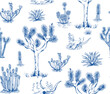 © Moab Republic - Toile de Jouy style pattern illustration inspired by the flora of the Mojave Desert. Desert illustration with Joshua Trees, agave plants, cacti and other succulents