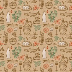 Wall Mural - Seamless pattern design with mediterranean traditional food