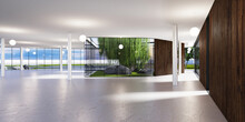 Spacious Bright Spatial Rooms With Lots Of Greenery Behind The Glass. Public Premises For Office, Gallery, Exhibition.
