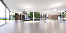 Spacious Bright Spatial Rooms With Lots Of Greenery Behind The Glass. Public Premises For Office, Gallery, Exhibition.