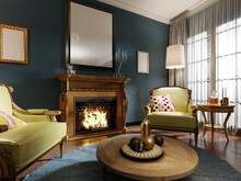 Relaxation Area Of The Classic-style Living Room With Wooden Armchairs With Light Green Leather Upholstery. Luxurious Carved Wood Fireplace. Deep Blue Walls.