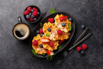 Wall Mural - Delicious belgian waffles with summer berries